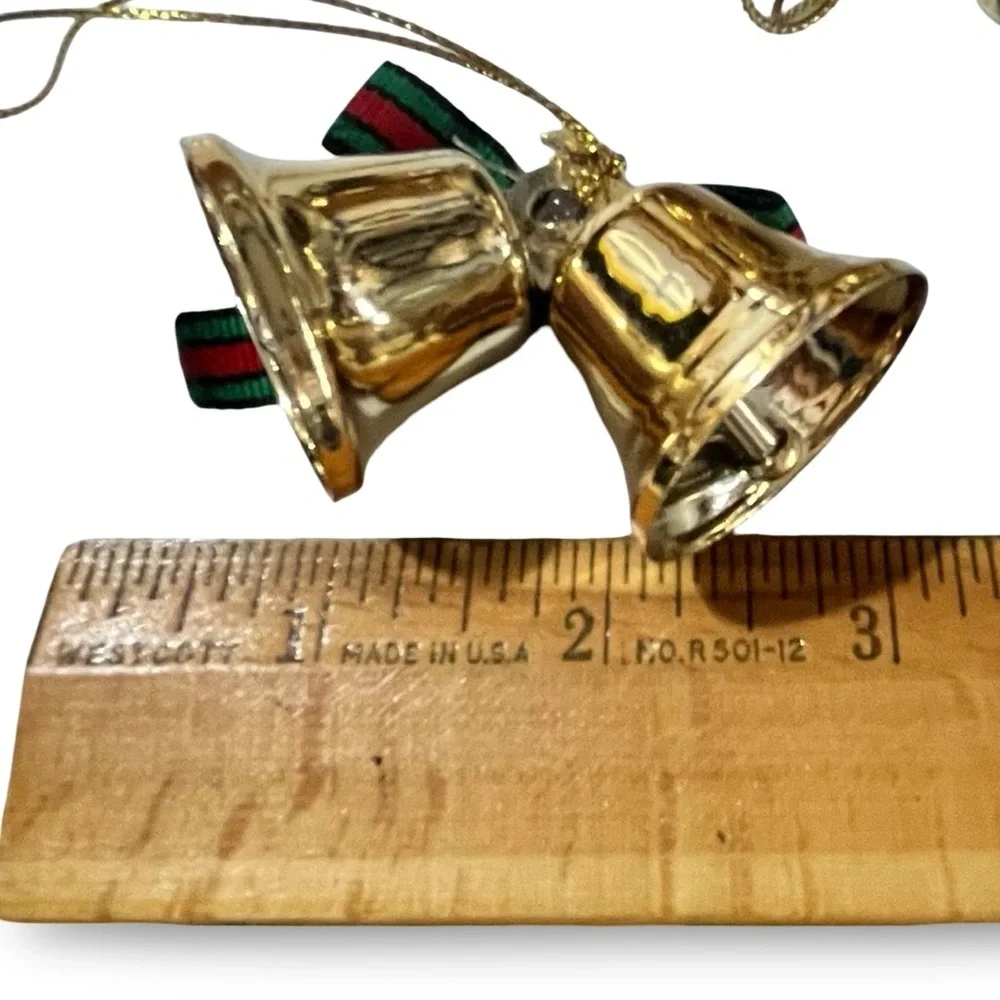 Festive Gold Tone Red and Green Plaid Bow Jingle Bell Ornaments Set of 12